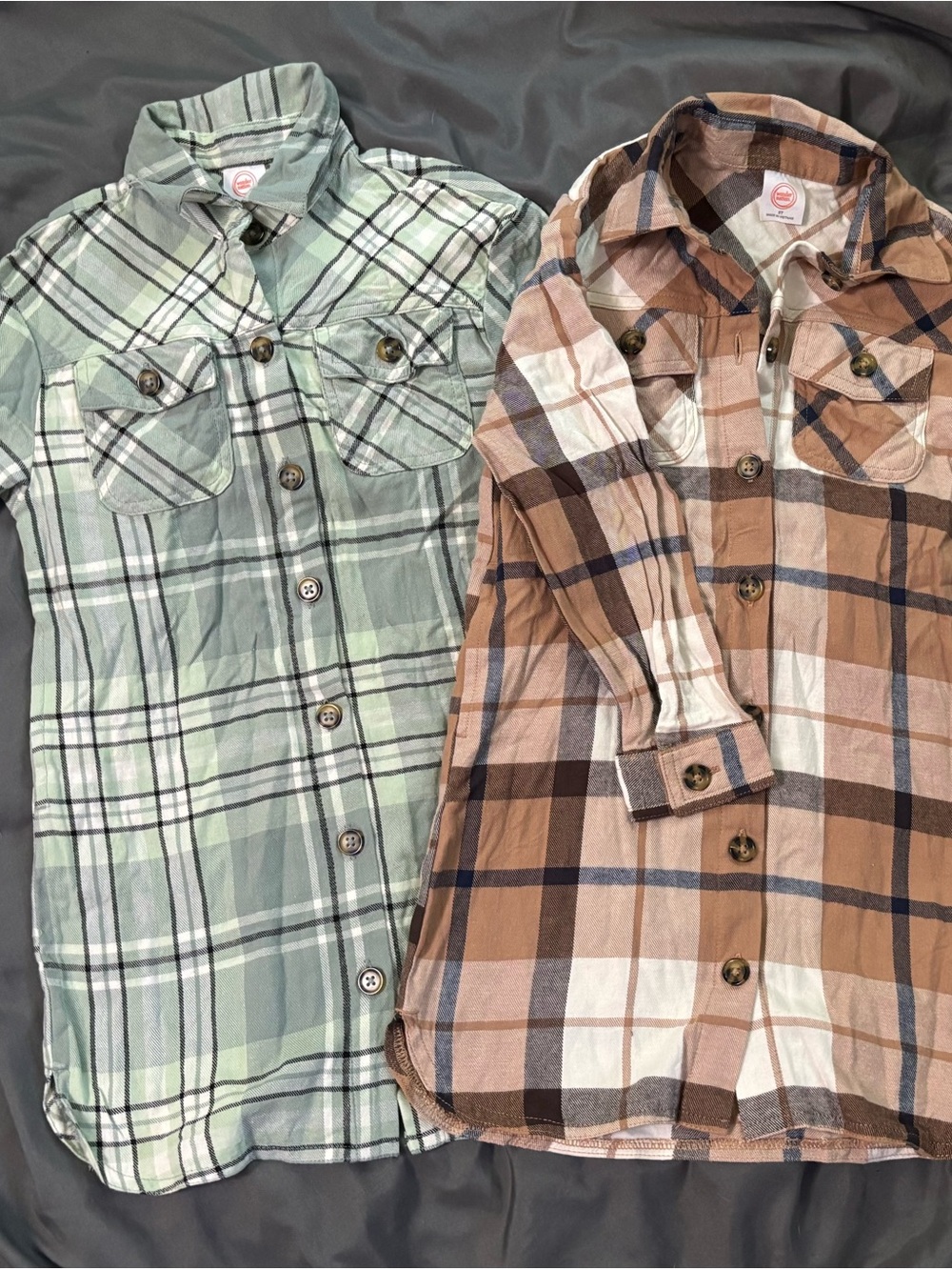 Bundle of 2 Flannel Plaid Button-Up Shirt Dresses — Green and Brown